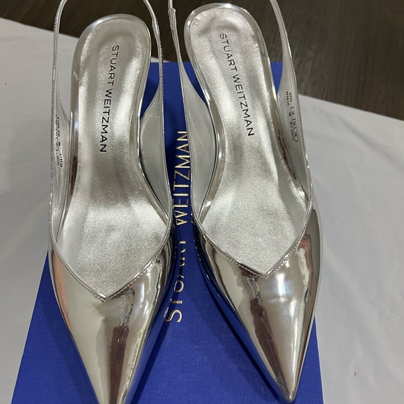 Stuart Weitzman Eva 50 Slingback Silver Pointed Heels 39.5/9B - Picture 1 of 9